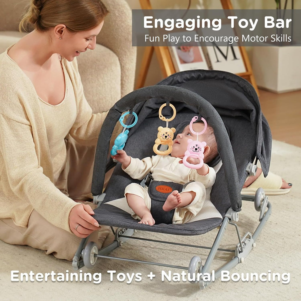 Rocking Baby Bouncer with Canopy, Mode Rocking & Rolling Infant Seat, Portable Baby Chair for 0-18 Months(Grey)