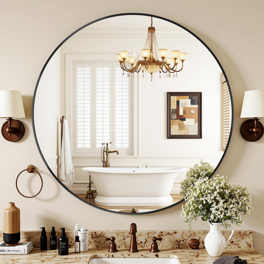 30 Inch Round Mirror for Wall, Round Bathroom Mirror, Circle Wall Mirrors with Black Metal Frame, Circle Mirrors