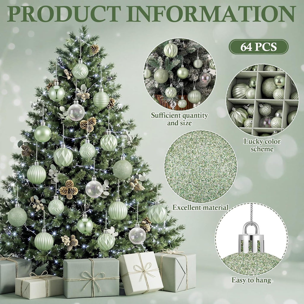 Sage Green Christmas Ornaments Iridescent White Xmas Bulbs - Set of 64