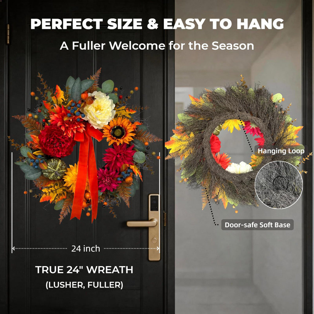 Fall Wreaths for Front Door Outside, 24 Inch Autumn Outdoor Wreath