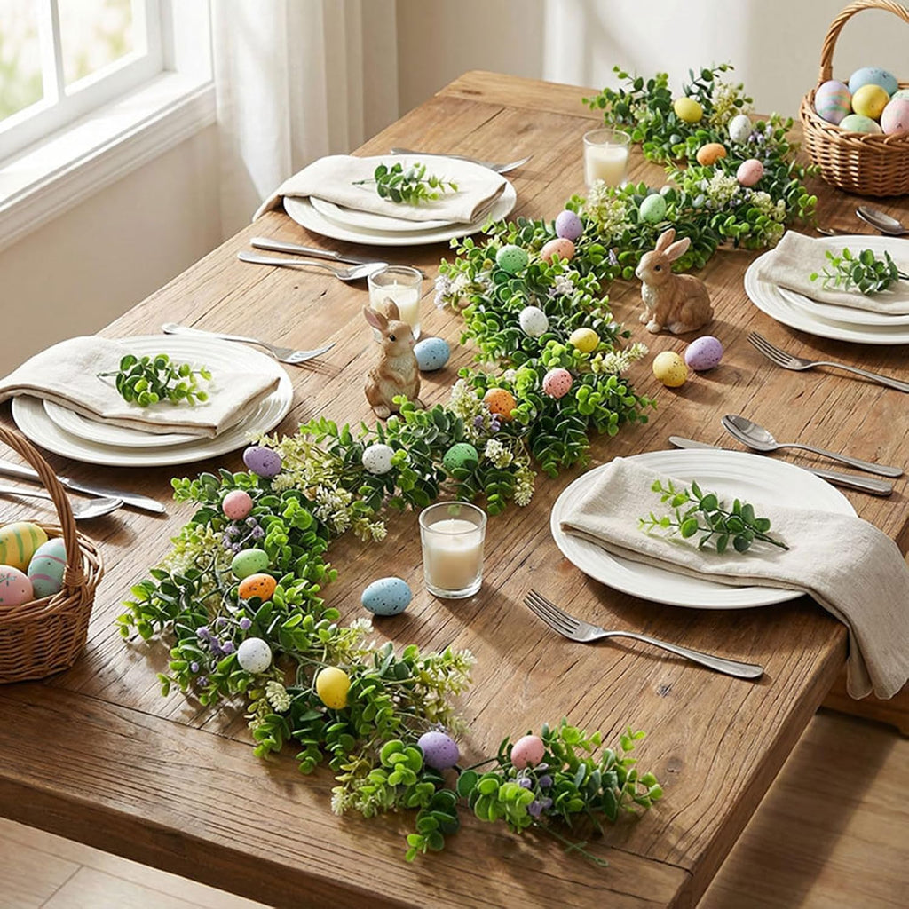 6FT Easter Garland with Muticolor Eggs and Greenery Leaves-Farmhouse Artificial Spring Vine Centerpiece - Set of 6
