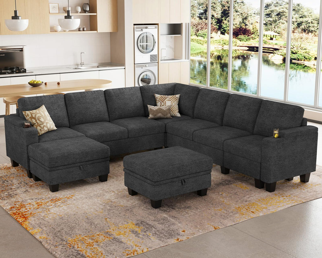 Chenille Modular Sectional Sofa, 7 Seater U Shape Couch, Dark Grey