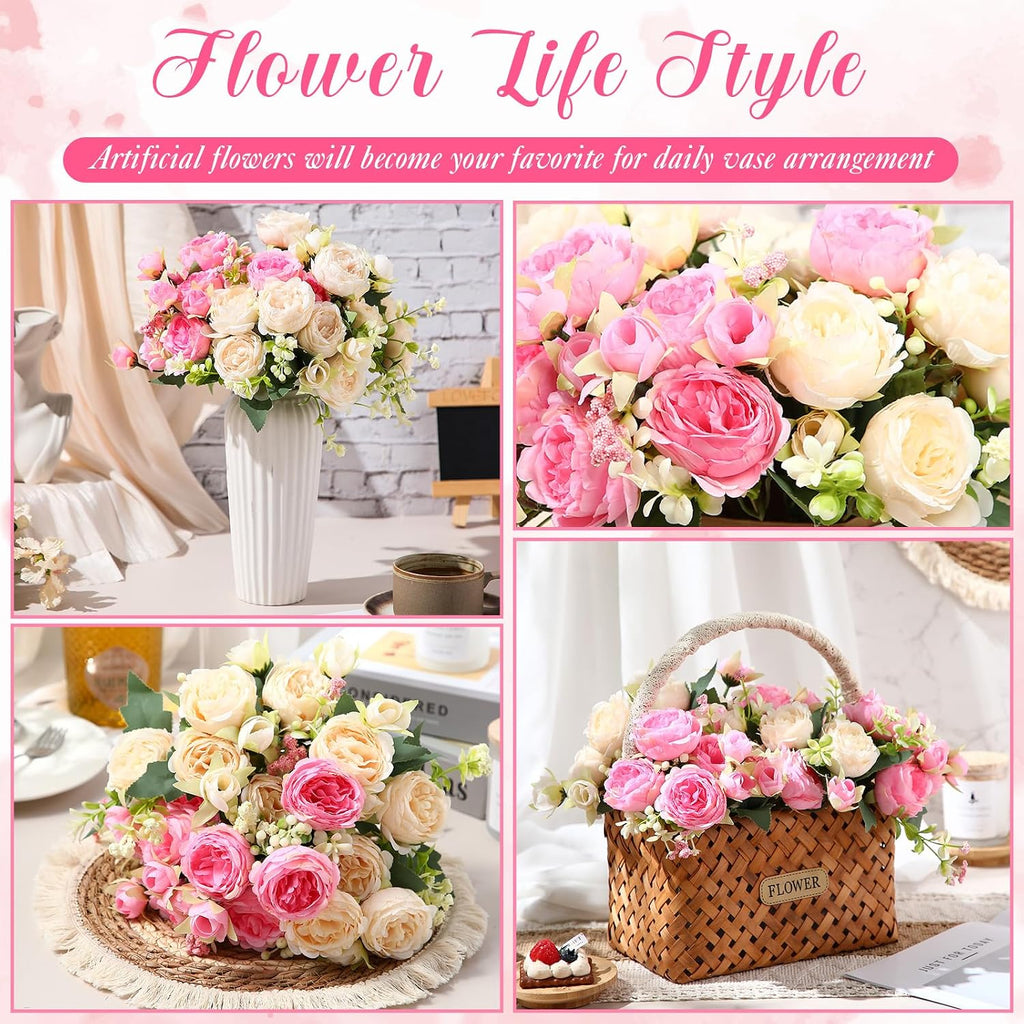 Bundles Artificial Peonies Flowers,Pink, Champagne - Set of 8