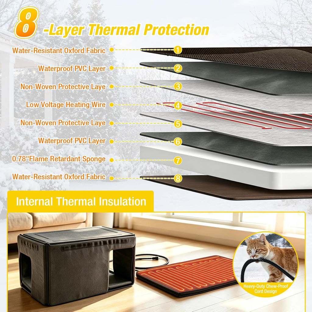 Heated Outdoor Cat House with Heating Pad, Insulated Liner