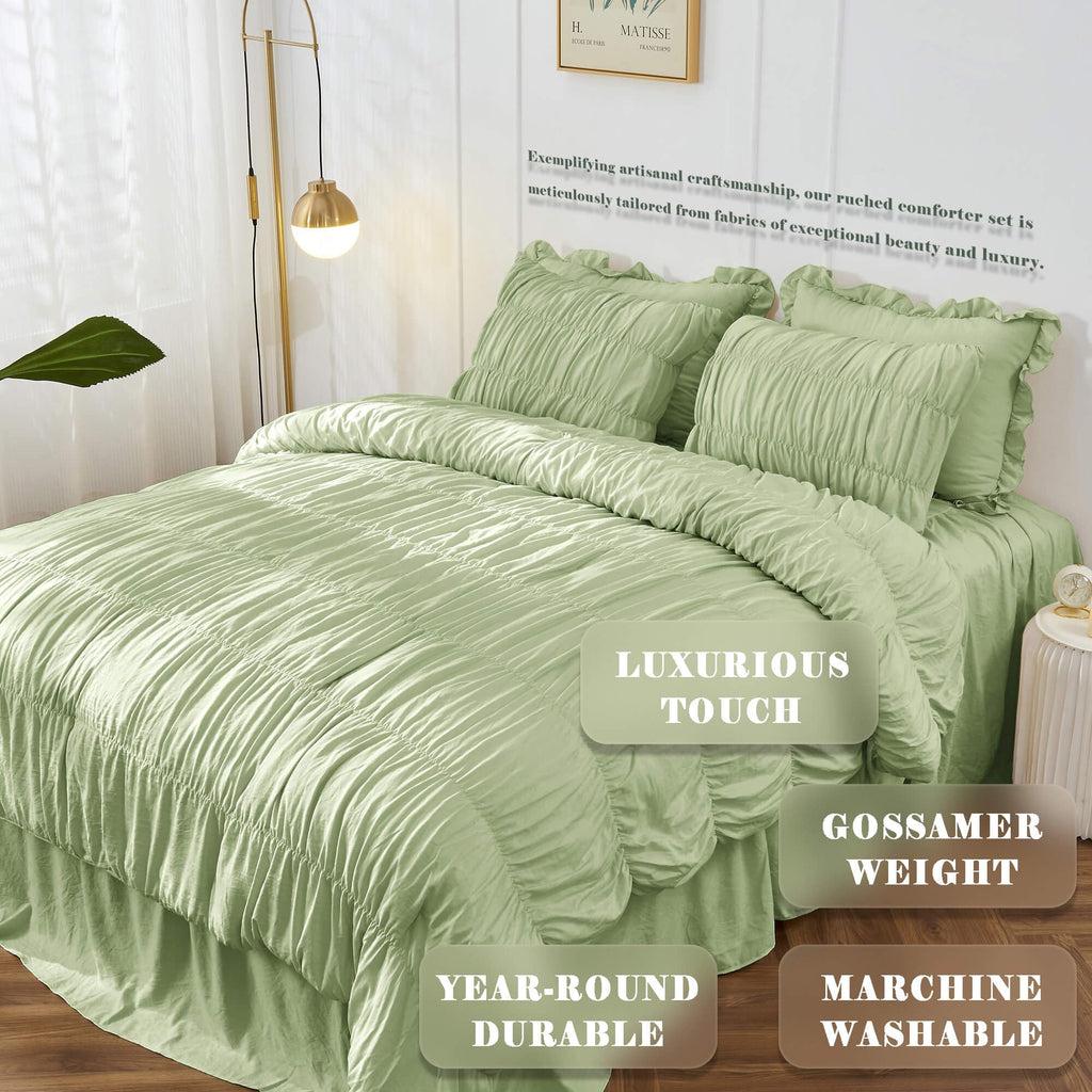 Green Ruched Comforter Set Ruffle Comforter Bedding
