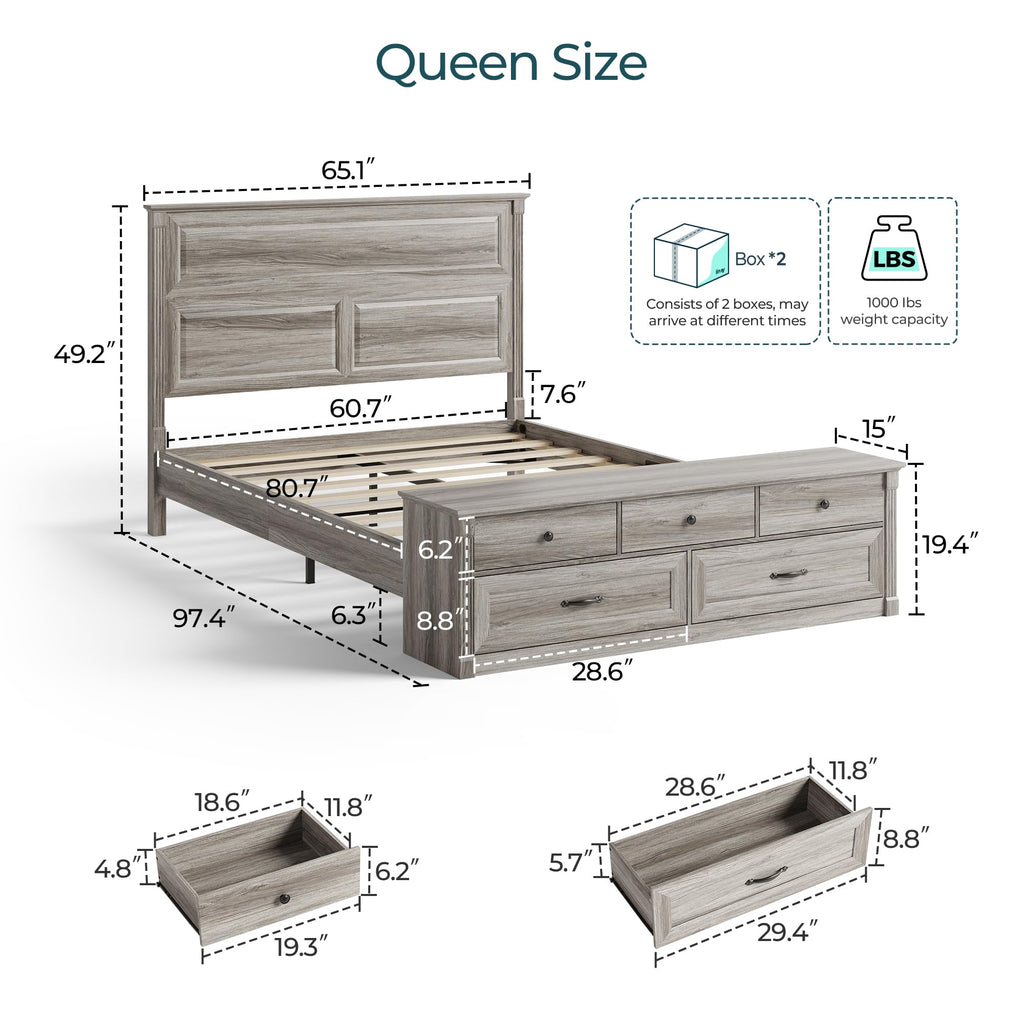 Storage Bed Frame Bedframe with Drawers, Rustic Grey