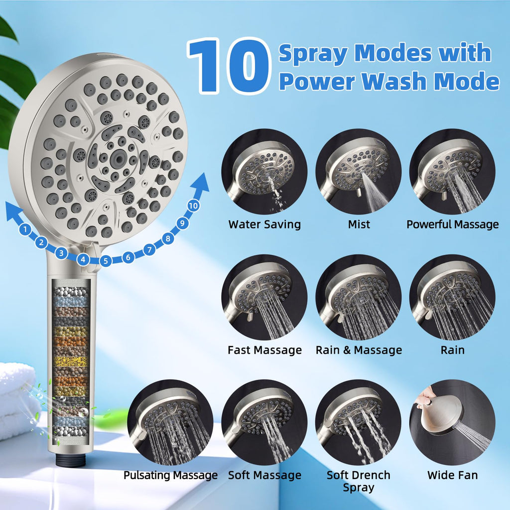 12" Metal Rain Shower Head with Filter Handheld 10-Spray Combo, Easy Reach