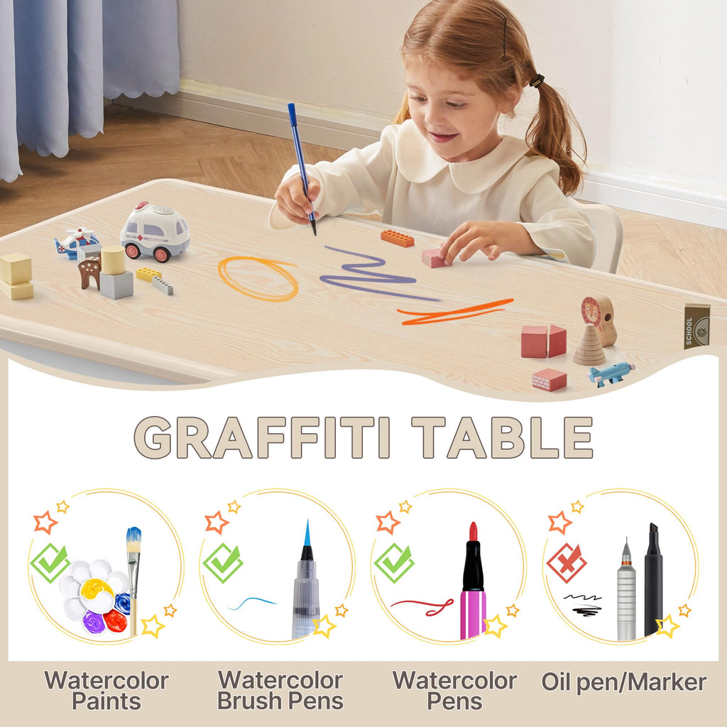 Kids Study Table and Chairs Set, Height Adjustable Toddler Table and Chair Set for Kids Ages 3-8, 23.6" L x 23.6" W