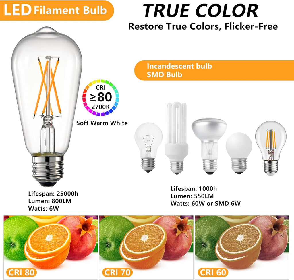 ST58 E26 LED Bulb 60 Watt Equivalent 2700K, 6 Pack