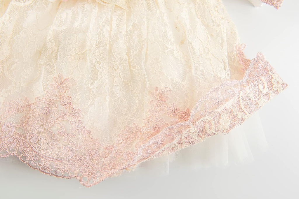 Newborn Baby Girl Lace Dress Set, 4pc Outfit for Special Occasions (US, Age, 0 Months, Pink, Ivory, Double Rose)