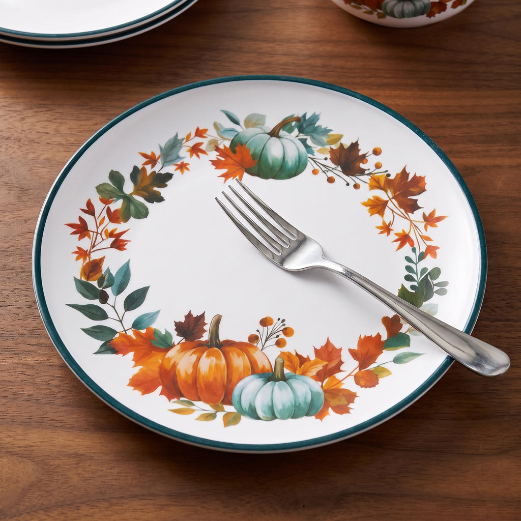 12-Piece Melamine Dinnerware Set for 4, Fall Pumpkin Plates and Bowls