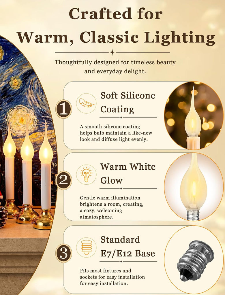 Silicone Dipped LED Candelabra Light Bulbs, C7 Shatterproof Candle Flame Light Bulb for Window Candles, 0.6W 2700K