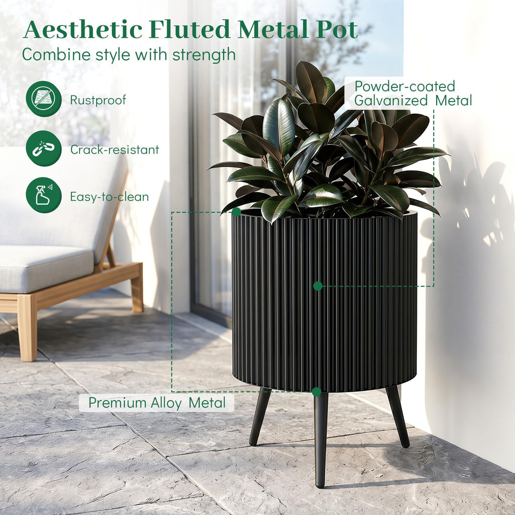 16 Inch Plant Pot with Stand, Mid-Century Modern Fluted Planter