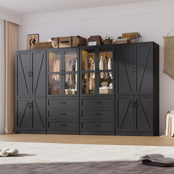 75" Tall Farmhouse 8 Doors Armoire Wardrobe Closet with 6 Drawers and LED, Freestanding Closet Wardrobe Cabinet with