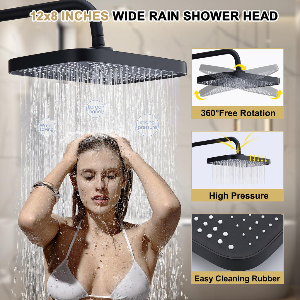 Shower Systems with 12 x8 Inches Rain Shower Head, Matte Black Exposed Pipe Shower System,3 Functions Tub Shower