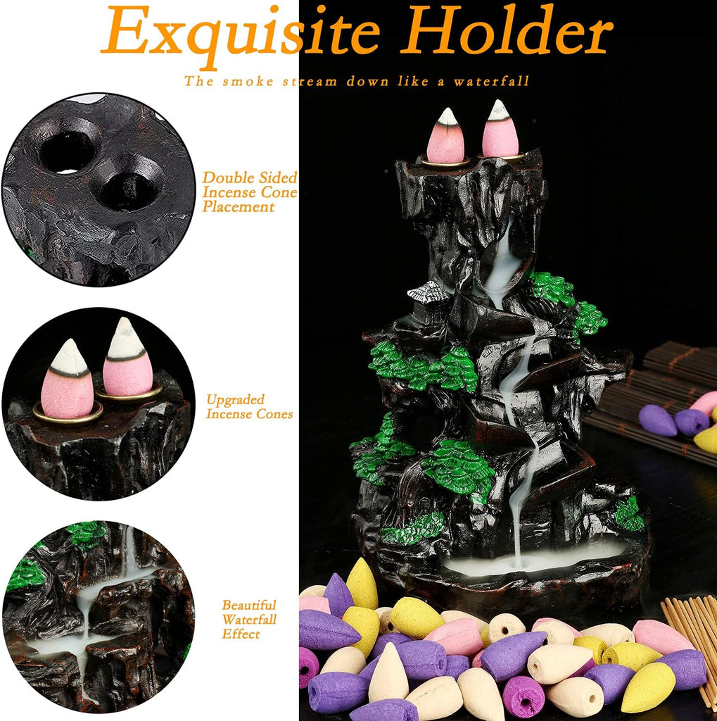 Mountain Incense Burner, Backflow Incense Holder with Cones and Sticks - Set of 5