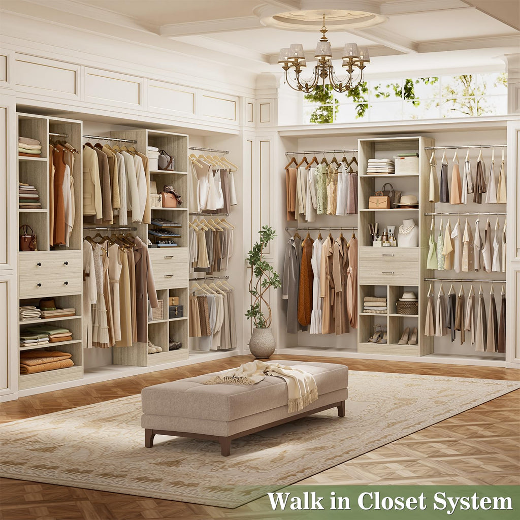 Closet System, Up to 128.6"/10.7 FT Closet Organizer with 4 Wooden Drawers and Shelves, Walk-in Closet System with 6