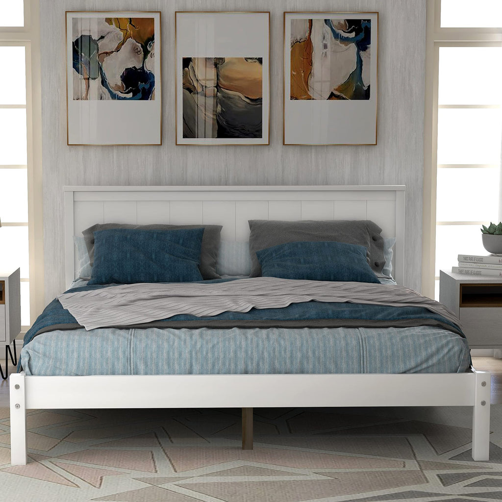 Modern Style White Solid Wood Full Size Platform Bed with Headboard/Footboard/Wood Bed Frame and Solid Wood Legs, No