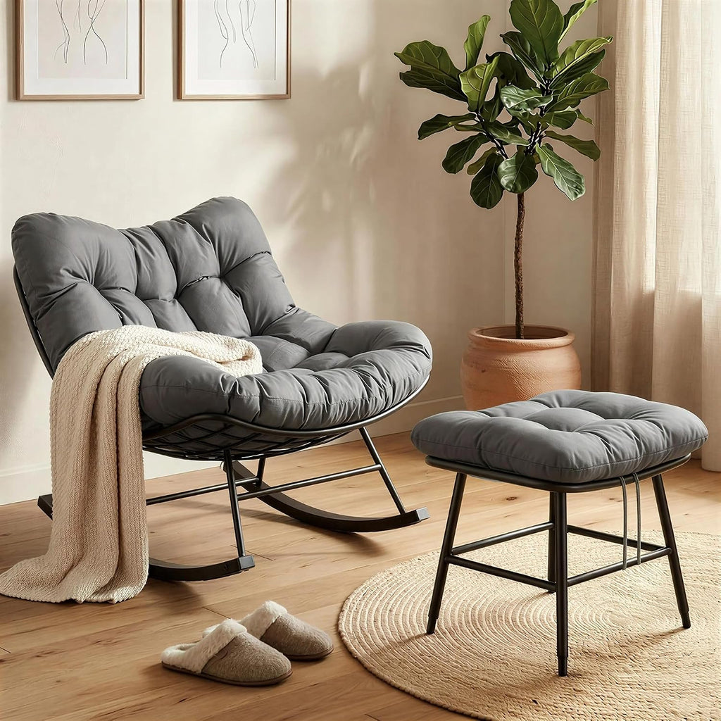 Oversized Rocking Papasan Chair with Ottoman and Cushion | Indoor Glider Chair with Thickened Cushion, Large Comfy