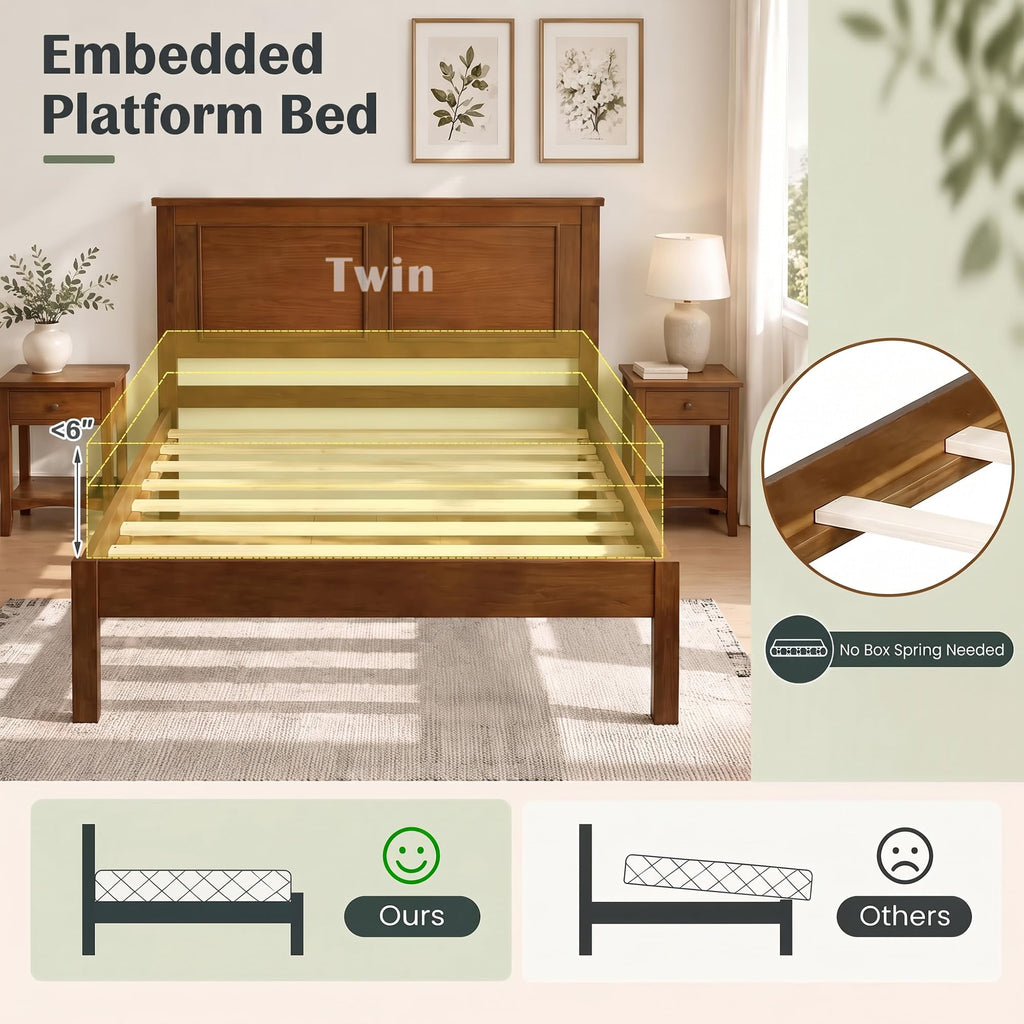 Twin Size Bed Frame with Solid Wood Legs and Wooden Slats