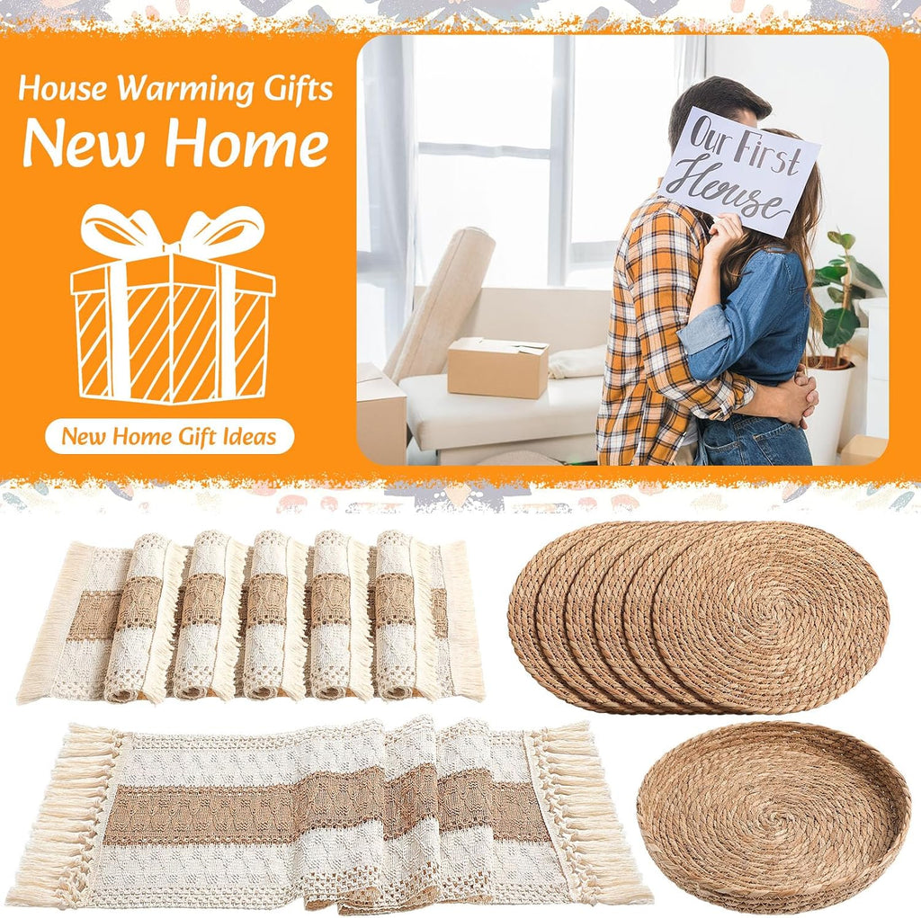 Boho Table Runner and Placemats Set, 6 Sets, Brown, 12x72 - Set of 6
