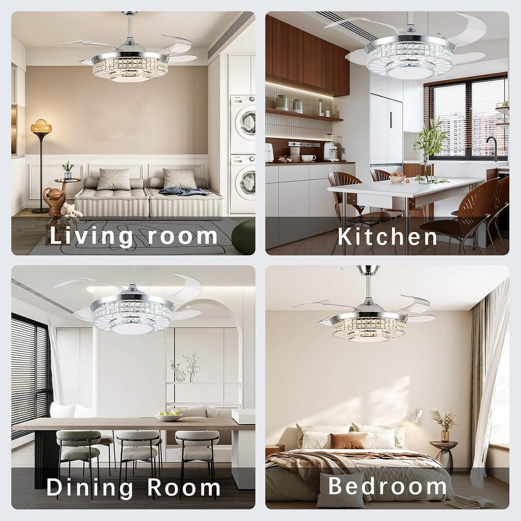 42" Retractable Ceiling Fans with Lights, Crystal Chandelier Ceiling Fan with Remote & APP Control, Modern Dimmable