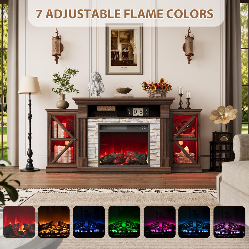 Electric Fireplace TV Stand, 70" Farmhouse Entertainment Center with Open Shelf and Glass Barn Door Cabniet, Modern