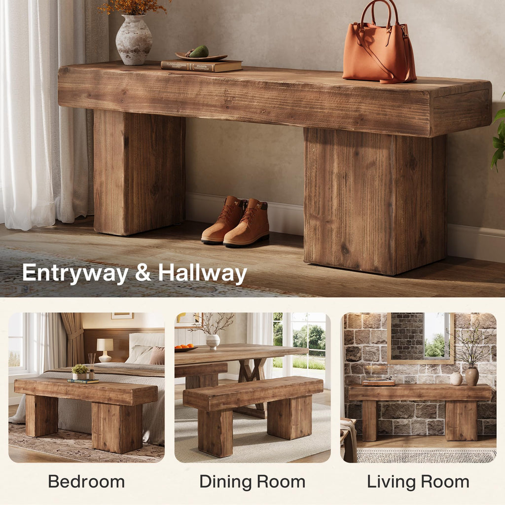 Thickened Solid Wood Bench, 47" Rustic Farmhouse Entryway Bench with Artistic Legs, Heavy Duty Dining Bench, End of