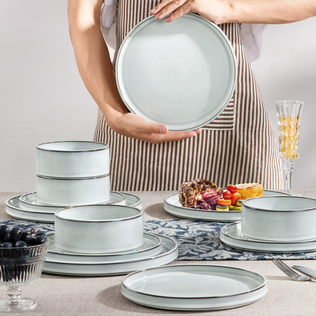 24 Pieces Stoneware Dinnerware Set for 8, Ceramic Dinner Dishware Sets Kitchen, Plates and Bowls with Rustic