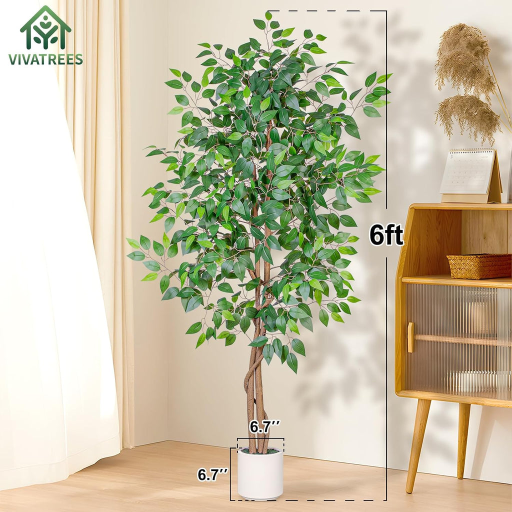 6FT Artificial Ficus Tree with White Planter, Realistic Faux Silk Indoor Outdoor Plant Living Room, Porch, Garden