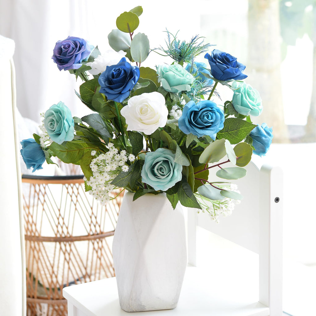 Artificial Blue and White Rose Bridal Bouquet - Real Touch Wedding Flowers with Eucalyptus, Baby's Breath & Thistles