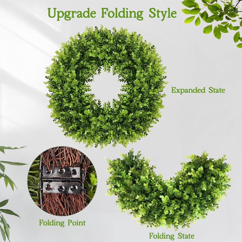 20" Boxwood Wreath for Front Door with Sash & Plaid Bow, Full Lush Artificial Greenery Wreath for Spring Summer