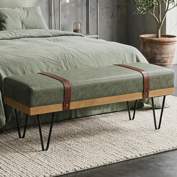Industrial Modern PU Rectangle Ottoman Bench with PU Strap and Metal Legs, Mid Century Dining Table Bench Footstool