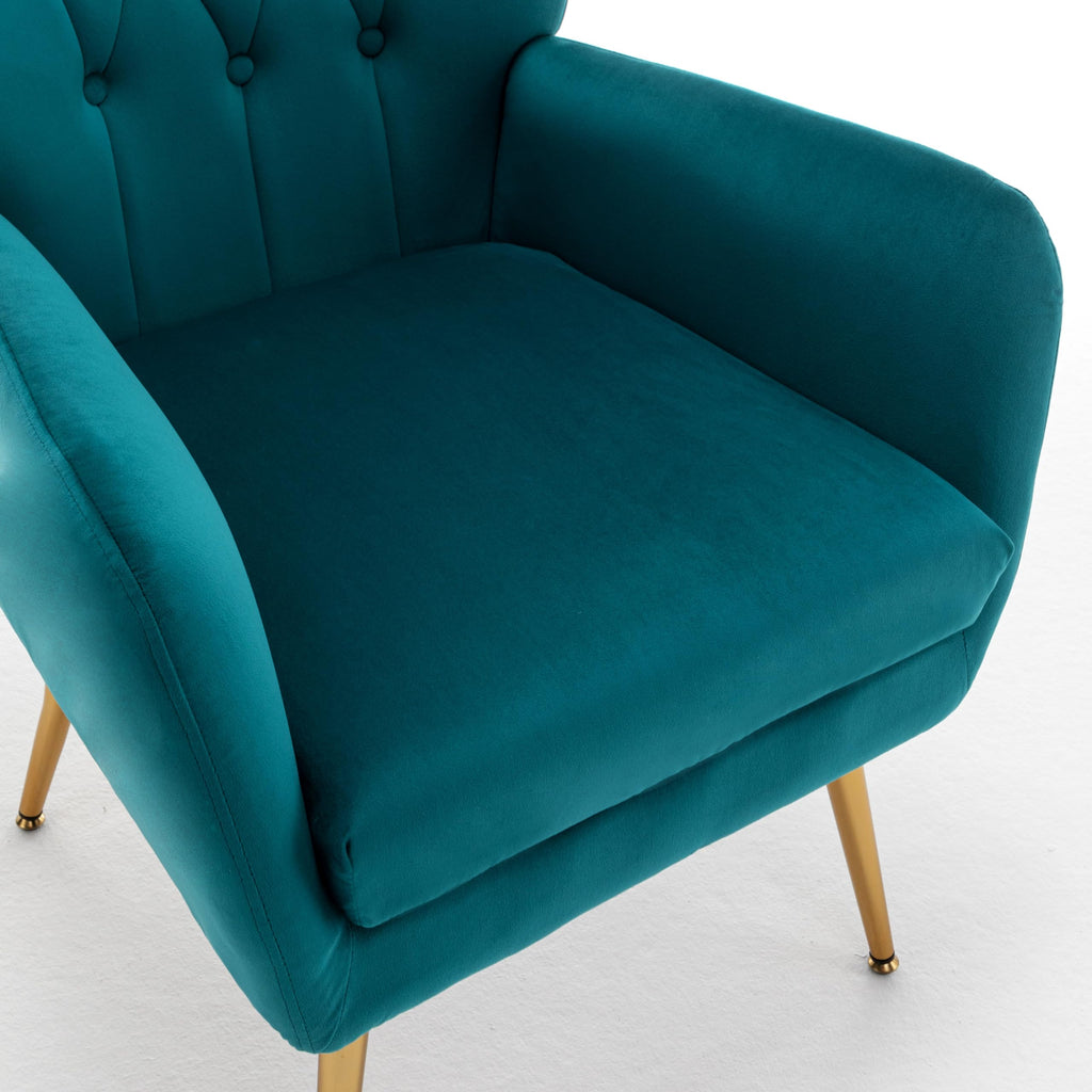 Modern Chic Mid-Century Velvet Accent Armchair, or Home Office, Button-Tufted Wingback Design with Gold Flared Legs