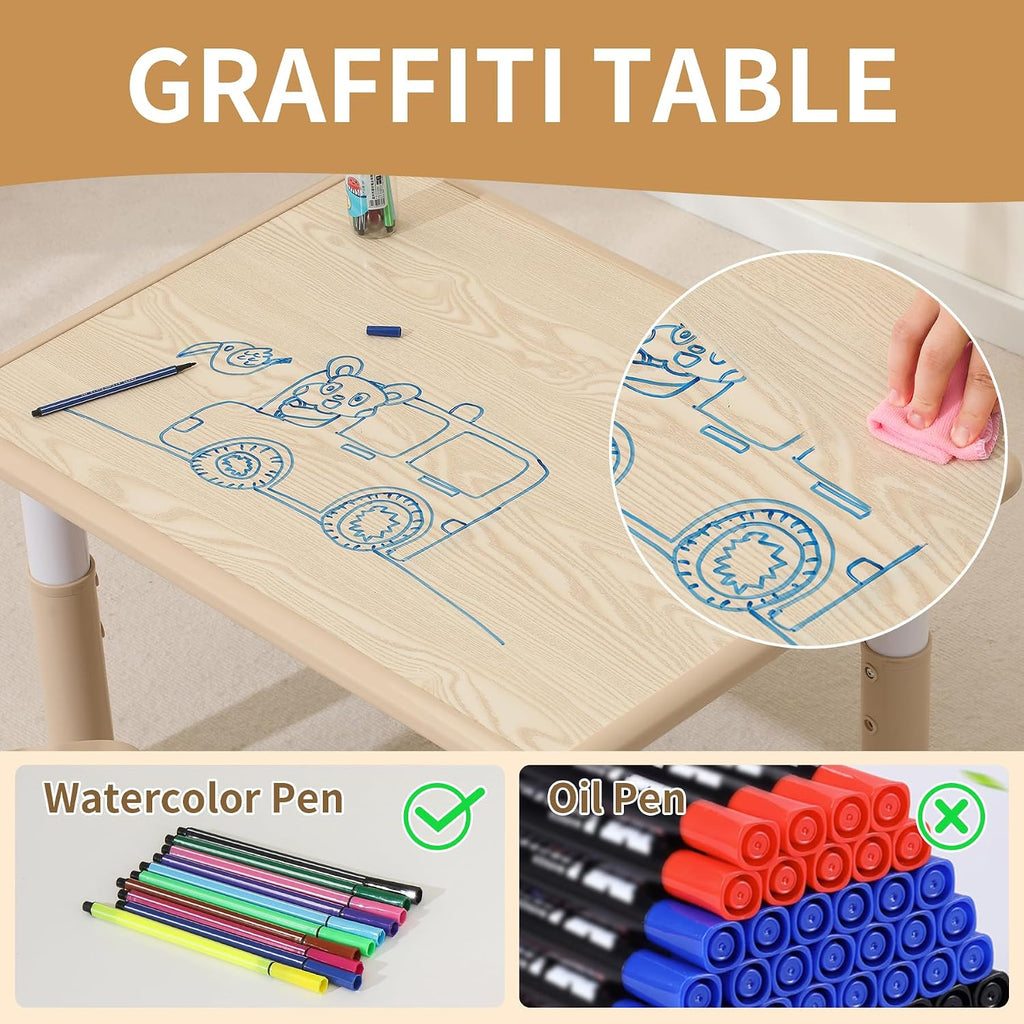 Toddler Table and Chairs, Kids Table and 4 Chairs Set with Graffiti Desktop, Height-Adjustable Kids Study Table