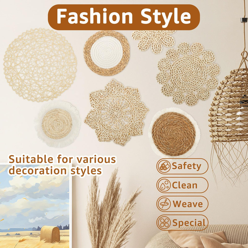 7 Pack Boho Wall Basket Decor Set, Hanging Woven Seagrass Rattan Wicker Boho Wall Decor, Round Farmhouse Wall Hanging