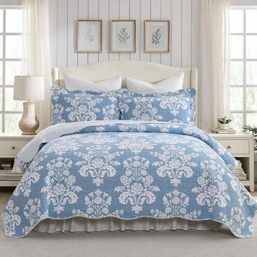 Blue and White Floral Quilt Set 100% Cotton, Reversible 3Pcs