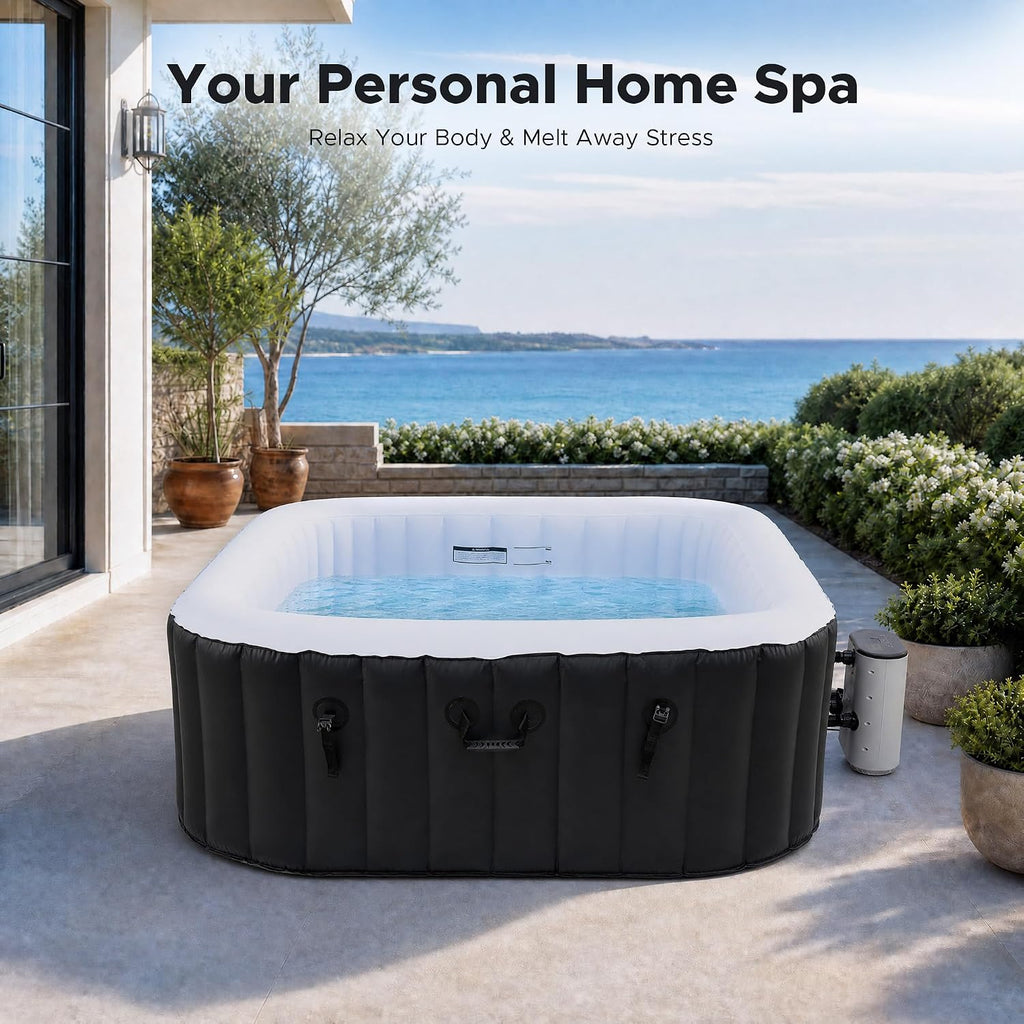 6ft Inflatable Hot Tub, 4-Person Outdoor Spa with 94 Air Jets & Heater | Square 40 °C Powerful Heating & Soothing