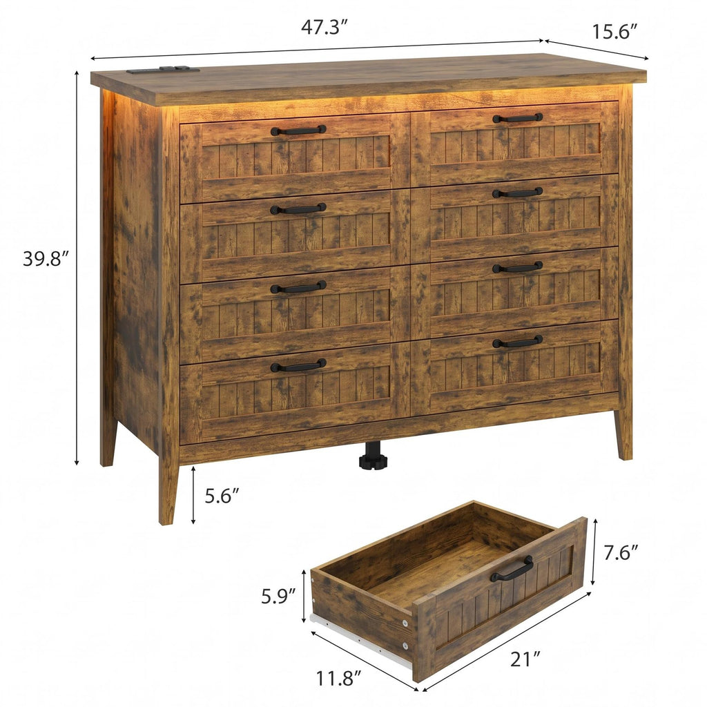 47.3'' Rustic Brwon 8 Drawer Dresser with Power Outlet & LED Lights