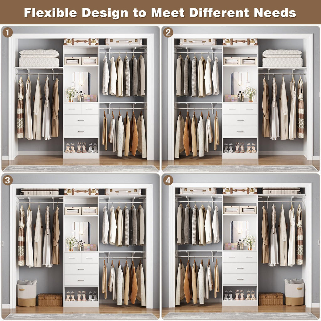 8FT Closet System with 4 Drawers, 96" Wood Closet Organizer with Mirror and Hanging Rods, Sturdy Walk in Wardrobe