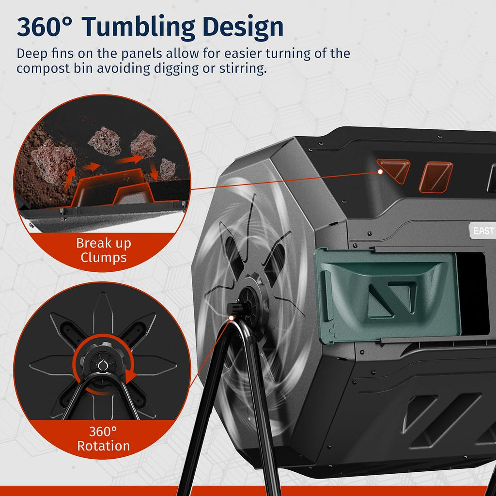 Compost Tumbler Outdoor, 43-Gal Dual Chamber Compost Bin with 2 Sliding Door and Aeration System, Tumbling Rotating