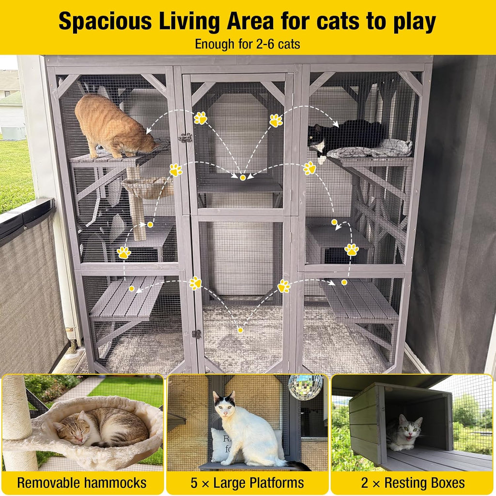 Cat House Window Outdoor Catio Cat Enclosures with 7 Platforms, 2 Resting Boxes Large Kitty House with Weatherproof