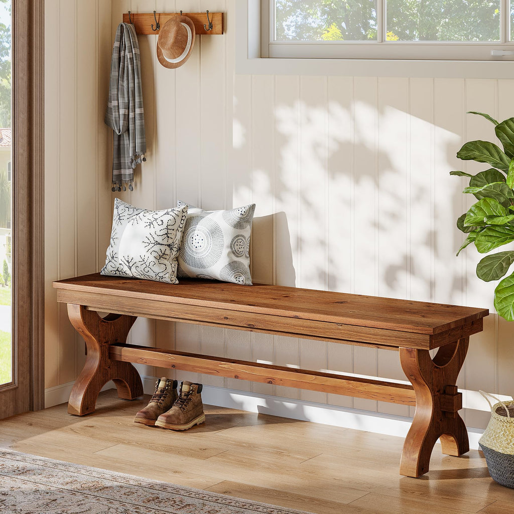 Solid Wood Entryway Bench, 55-Inch Farmhouse Indoor Bench, Narrow Hallway Seat (2, Brown)