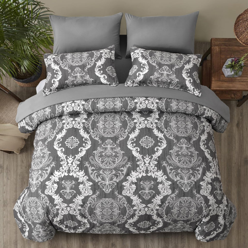 Dark Grey Comforter Set King Size, Damask Texture 7 Pieces Bed in a Bag Microfiber Comforter Bedding Sets -1