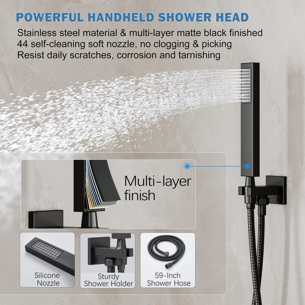 12" Rain Shower System with Handheld & Valve, Matte Black