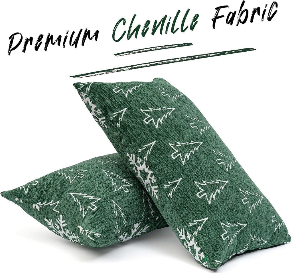 Soft Chenille Christmas Reversible Throw Pillow Covers 12x20, Holiday Double-Sided Snowflake & Tree Cushion - Set of 2