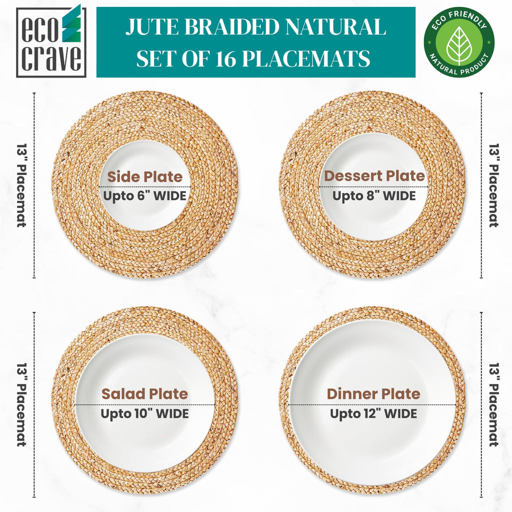 Round Jute Placemats, Set of 16, 13 Inch