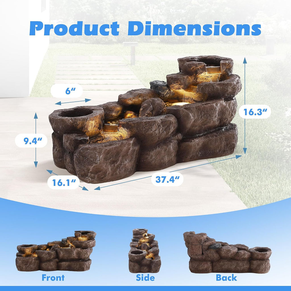 37.4" L Water Fountain Outdoor, 5-Tier Rock Cascading Water Feature | Garden Pool Fountains and Waterfalls with Warm