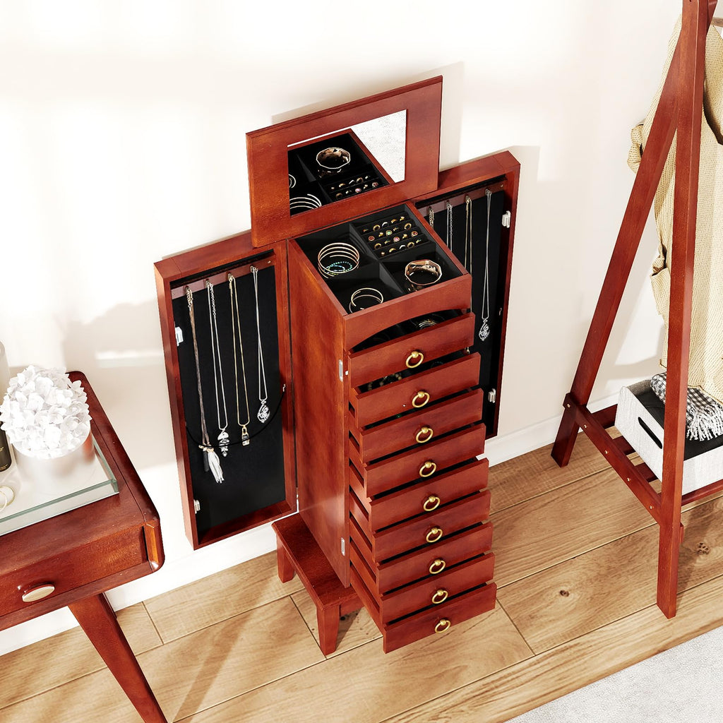 Standing Jewelry Cabinet with 9 Drawers, Flip Top Mirror, Cherry