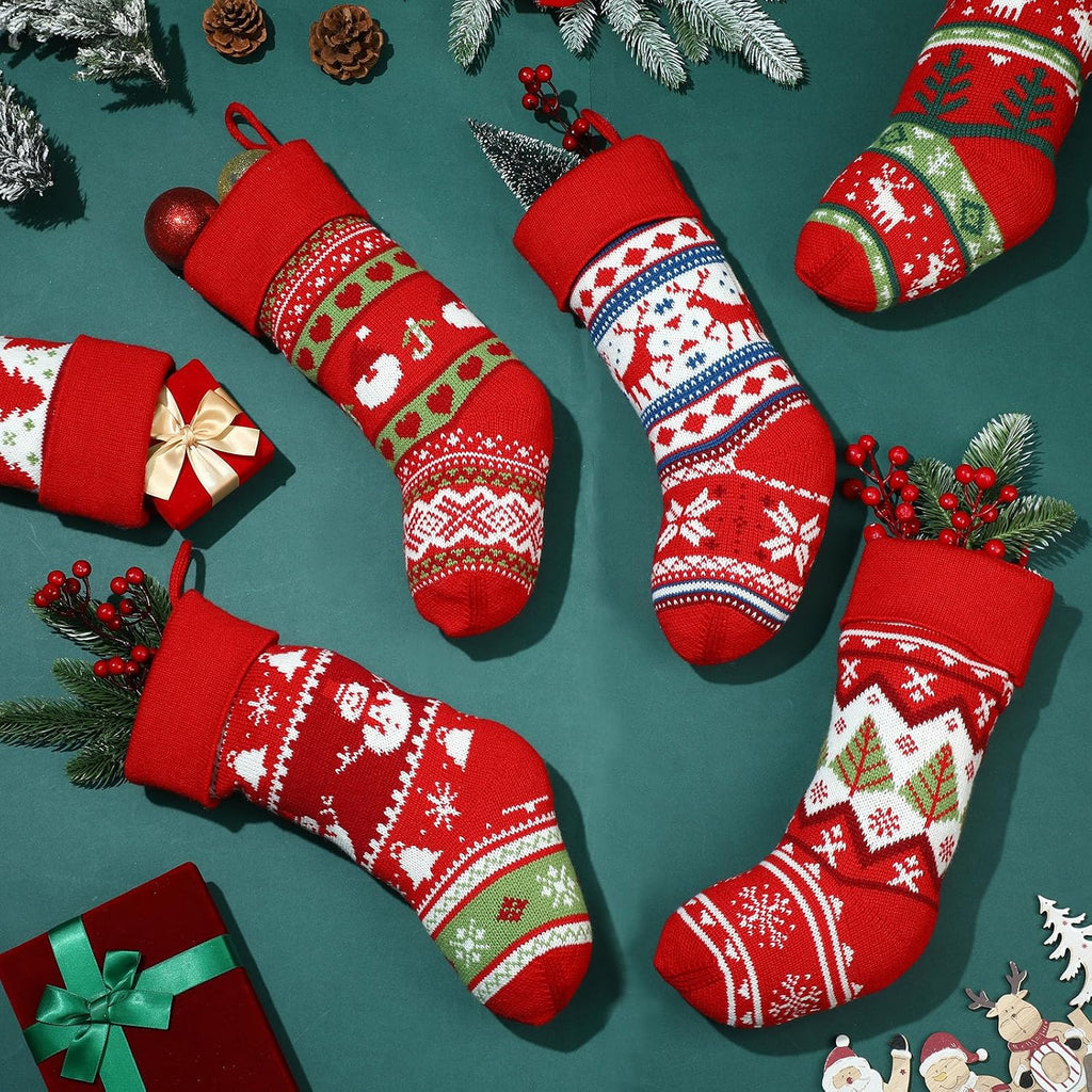 Inch Christmas Stockings Bulk Knit Large Stockings Christmas Knitted Rustic Holiday Tree Reindeer Snowflake - Set of 6